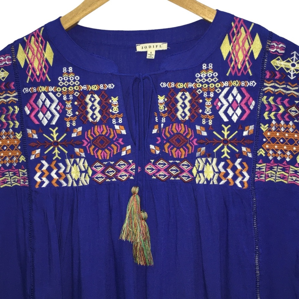 JODIFL Blue Embroidered Multicolor Lightweight Rayon Oversize Top Women’s Small - Picture 6 of 11